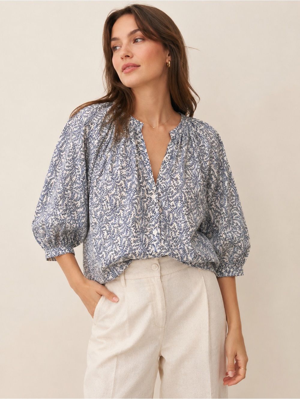 H&M Blue Beige Botanical Print Cotton Blouse L Puff Sleeve Cottagecore